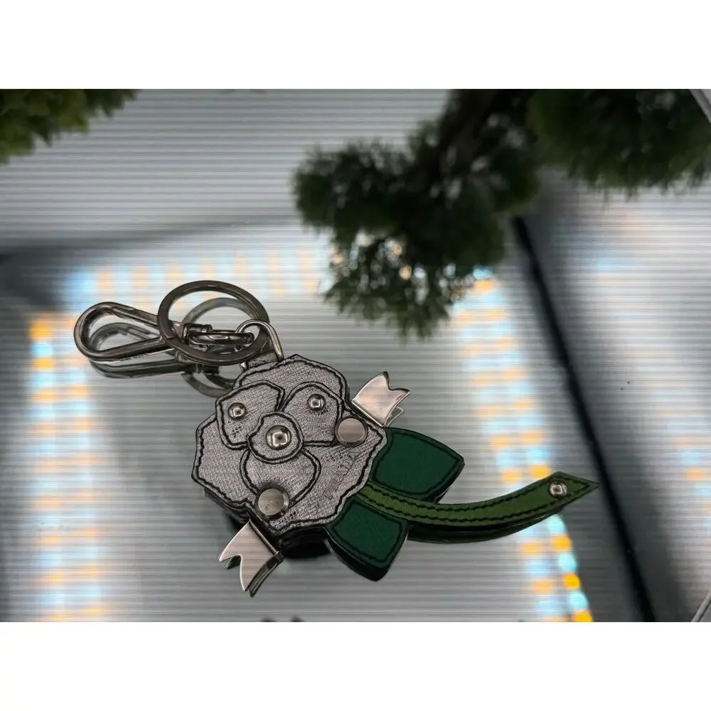 Prada Silver Green Saffiano Flower Key Chain Bag Charm